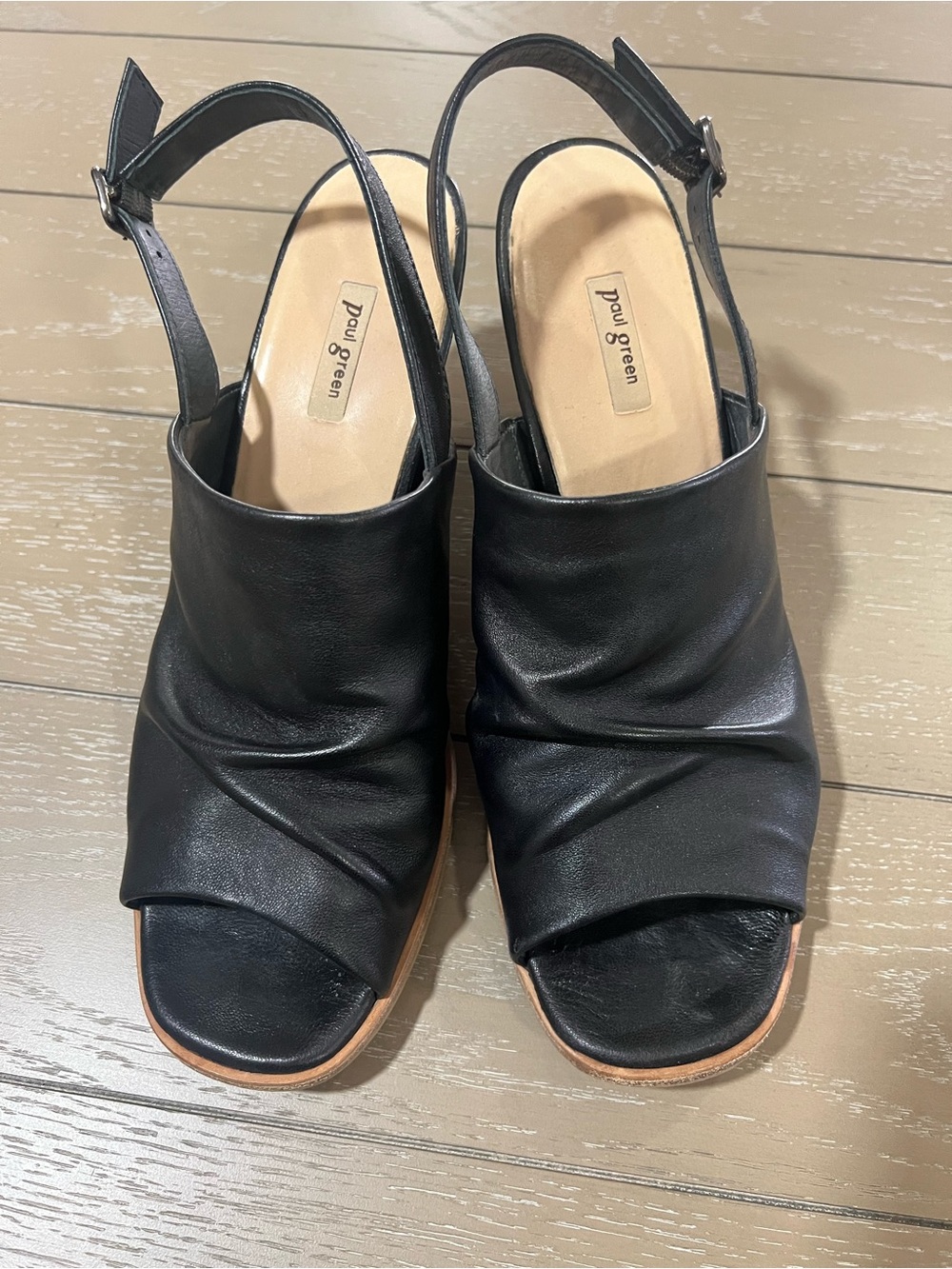Paul Green Black Leather Ruched Slingback Mules